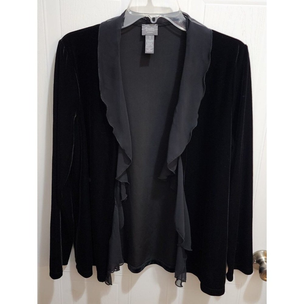 Chicos Travelers Womens Open Front Jacket Ruffle Trim Cardigan Black Velvet Sz M